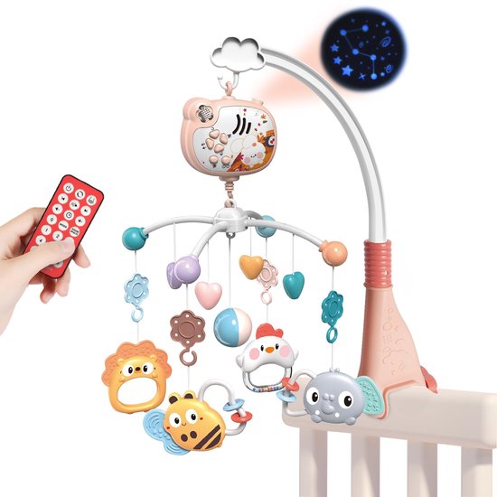 Kraftverdia Boxmobiel - Baby Mobiel Met Muziek en met Sterprojectie en Afstandsbediening - Roze