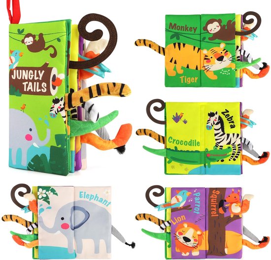 Kraftverdia Buggyboekje - Knisperboekje Baby - Jungle Animals - Baby Boekje - Activiteitenboekje Stof - Dieren met Staarten van Kraftverdia™