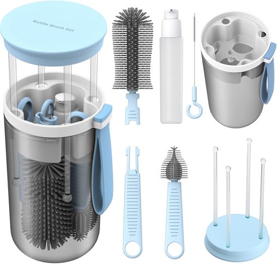 Kraftverdia - Flessenborstel Set voor baby's - Babyfles Reiniger Set - 6-in-1 Flesreinigingsset - lessenreiniger - Flessenrager - Schoonmaakborstel - BPA-vrij - Voor Glazen, Flessen, Bidons & Rietjes - Blauw van Merkloos