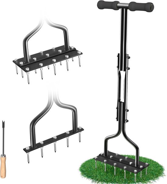 Kraftverdia® - Gazonbeluchter - Gras beluchten - Gazonprikker metaal - Verticuteerhark met steel - Voor verdichte bodems en grasvelden - Uitgerust met 15 massieve stalen nagels - Zwart van Kraftverdia