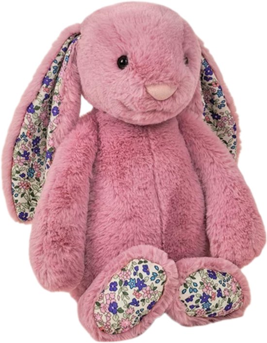Kraftverdia Knuffel Konijn Pluche - 30CM - Licht kersenrood Bunny Met Bloemenoren - Voor Pasen en Kinderen Troostknuffel van Merkloos