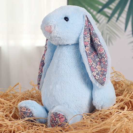 Kraftverdia Knuffel Konijn Pluche - 35CM - Blauw Bunny Met Bloemenoren - Voor Pasen en Kinderen Troostknuffel