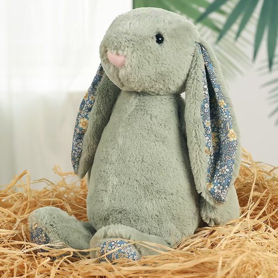 Kraftverdia Knuffel Konijn Pluche - 40CM - Grasgro Bunny Met Bloemenoren - Voor Pasen en Kinderen Troostknuffel van Merkloos