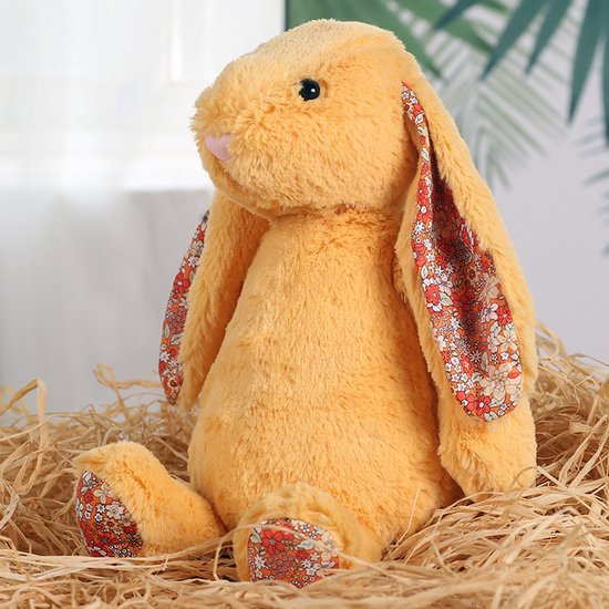 Kraftverdia Knuffel Konijn Pluche - 40CM - Oranje Bunny Met Bloemenoren - Voor Pasen en Kinderen Troostknuffel van Merkloos