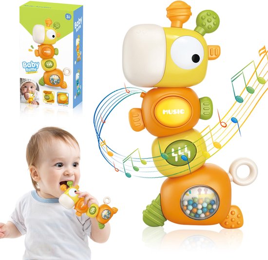 Kraftverdia - Montessori Speelgoed vanaf Baby 6 - 9 - 12 - 36 maand - Educatief speelgoed voor baby's - Baby-bijtspeeltjes - Baby sensorisch speelgoed - Muzikaal bijtspeeltje voor baby's - De vorm van een giraffe - Oranje - Verjaardagscadeau voor bab van Merkloos