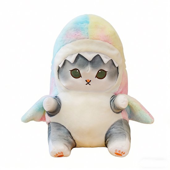 Kraftverdia Pluche Knuffel – 33 cm – Haai Kat Kawaii Design – Zacht Knuffeldier – Kawaii Haai Kat Lichaamskussen – Regenboog Grijs van Merkloos