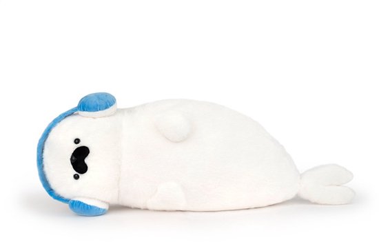 Kraftverdia Pluche Knuffel – 70 cm – Kawaii Liggende Zeehond met Koptelefoon – Zacht Lichaamskussen – Grappig Decoratief Bedkussen – Schattig Zeehondkussen – Wit van Merkloos