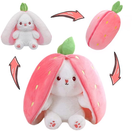 Kraftverdia Pluche Knuffel Konijn - Reversible Knuffelkonijn - Aardbei - Met Rits - Pluche - Speelgoed - 35 cm van Merkloos