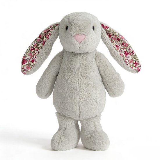 Kraftverdia Pluche Konijn Knuffel – 20 cm – Knuffel Met Bloemenoren Kawaii Design Zacht Knuffeldier – Grijs – Geschikt voor Pasen & Feestdagen van Merkloos