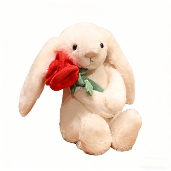 Kraftverdia Pluche Konijn Knuffel – 28 cm – Kawaii Konijn met Roos – Zacht Knuffeldier – Geschikt voor Pasen & Feestdagen van Merkloos