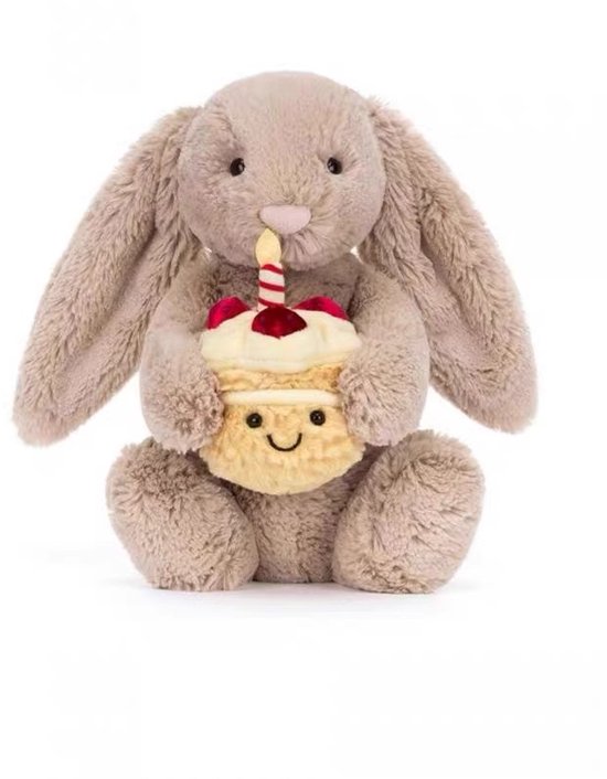 Kraftverdia Pluche Konijn Knuffel – 28 cm – Kawaii Konijn met Taartje – Zacht Knuffeldier – Bruin – Geschikt voor Pasen & Feestdagen van Merkloos
