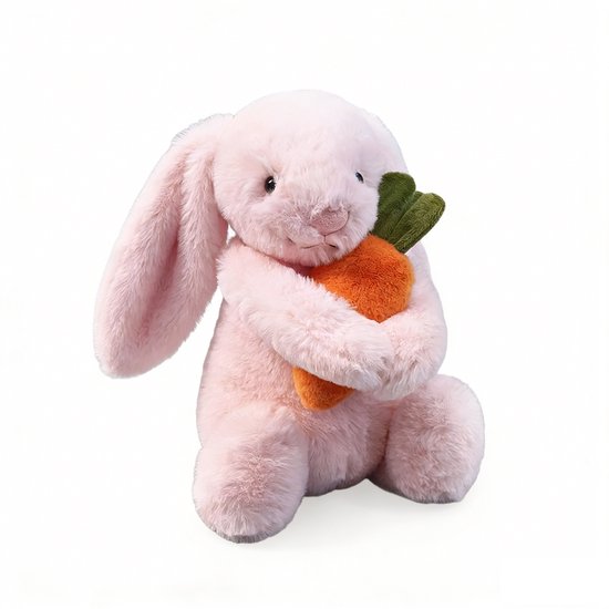 Kraftverdia Pluche Konijn Knuffel – 28 cm – Kawaii Konijn met Wortel – Zacht Knuffeldier – Roze – Geschikt voor Pasen & Feestdagen van Merkloos