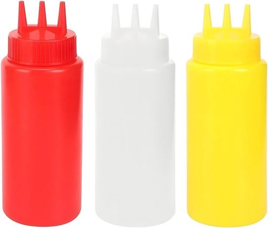 Kruidenflessen met 3 gaten en deksel 300 ml - Multifunctionele spuitflessen voor ketchup, mosterd en mayo - Set van 3