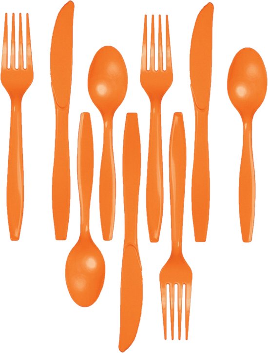 Kunststof bestek party/bbq setje - 72x delig - oranje - messen/vorken/lepels - herbruikbaar van Fun&Funky