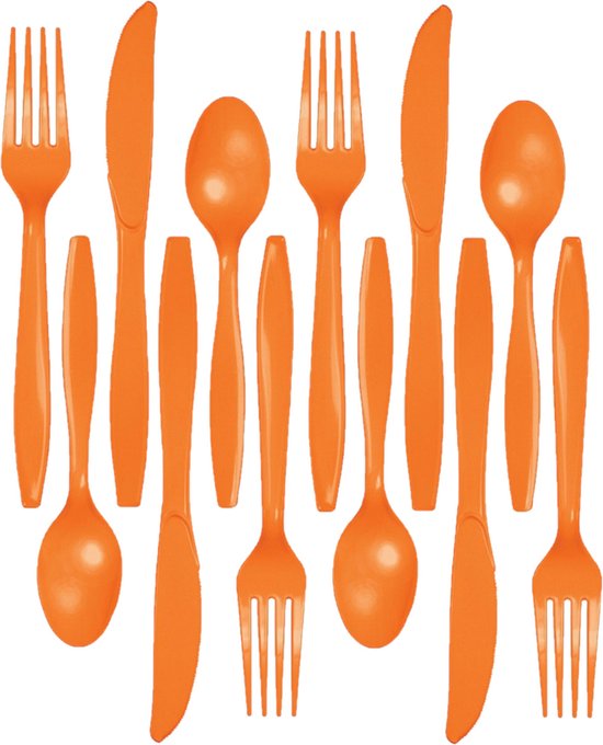 Kunststof bestek party/bbq setje - 96x delig - oranje - messen/vorken/lepels - herbruikbaar van FunCakes