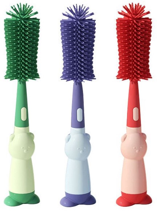 Kunststof borstel met rolhandvat, set van drie, groen, paars, rood - siliconen flessenborstel reinigingsborstel - handige speciale babyflessenreinigingsborstel