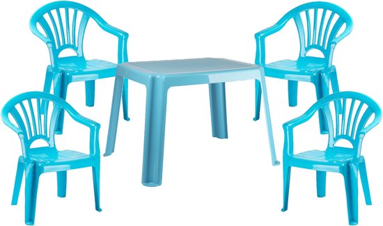 Kunststof kindertuinset tafel met 4 stoelen licht blauw van Paradiso Toys