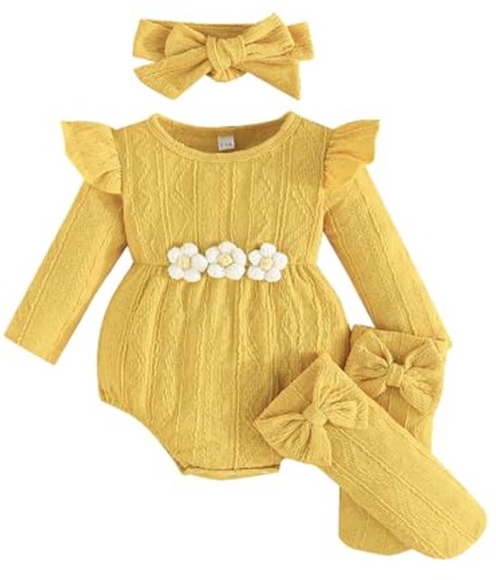 Kunyeah 3 stuks baby meisjes outfits kleine kinderen ruffle rompers lange mouwen bodysuit + strik haarband + sokken pasgeborenen bloem jumpsuit van Merkloos