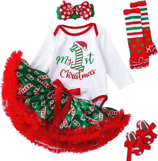 Kunyeah Baby Girls First Christmas Outfit Newborn Romper Tutu Dress Infant Sequin Xmas Skirt with Shoes Headband Leg Warmer van Merkloos