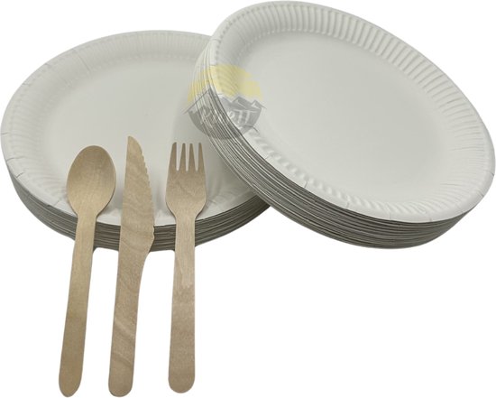 KURTT - bestek set hout 100x mes 100x lepel 100x vork + kartonnen borden 100 x - wegwerpborden - serviessets - besteksets - bordenset - ideaal voor feestjes - barbecue - camping van KURTT