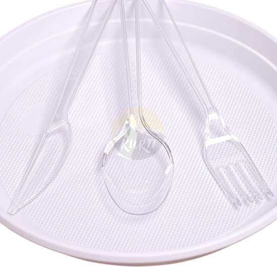 KURTT Herbruikbare bestekset - 100x messen 100x vorken 100x lepels - 300 stuks - bestekset transparant 19 cm - bestek - Stevig en Herbruikbaar - BPA Vrij - Vaatwasbestendig - Reusable - wegwerp vorken - vorken - lepels - messen - 300 stuks van KURTT