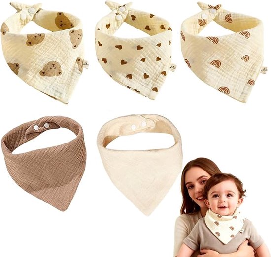 Kwijlslabbetjes Baby Bandana - 5 Stuks - Verstelbaar met Drukknopen - Absorberende Slabbetjes - Slabbers - Baby Slab - Spuugdoek - Zacht en Ademend - Baby Accessoires - Voeden - Kwijlen - Newborn - Voor Baby’s bij Voeden, Kwijlen en Spugen