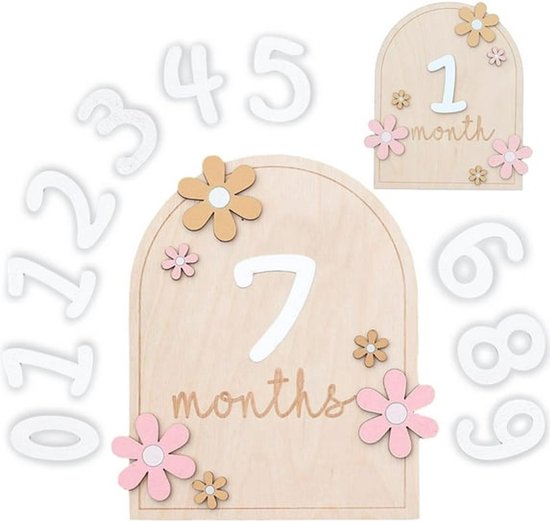 KZQ Houten Baby Mijlpaal Kaarten 0-12 Maanden - Fotografie Props & Groeicijfers Cadeauset