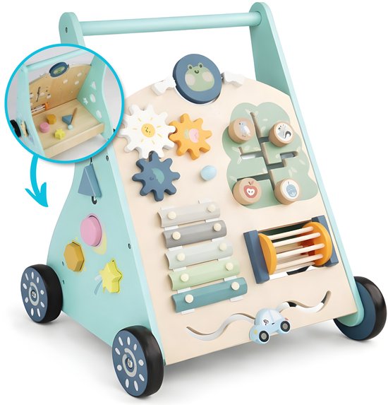Laavir Activiteiten loopwagen - Houten Loopwagen voor Baby's - Activiteitenwagentje met Spelletjes en Klok - Mintblauw - FSC Gecertificeerd - 1 Jaar+ van Merkloos