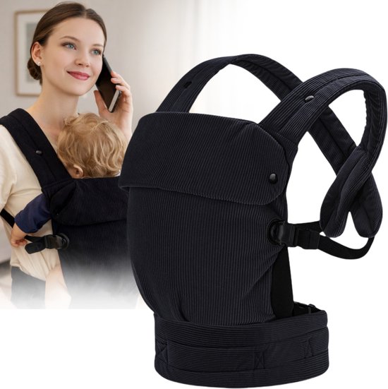 Laavir® Baby Draagzak Corduroy - Comfortabele Buikdrager met Verstelbare Band - Voor 0 tot 36 Maanden - Zacht & Ademend - Zwart van Merkloos