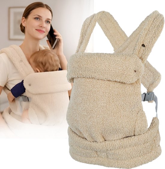 Laavir® Baby Draagzak van Zachte Teddy Fluffy Stof - Ergonomisch en Warm - Geschikt voor Pasgeborenen tot Peuters - Kleur Beige van Merkloos