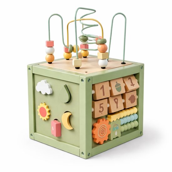 Laavir Houten Activiteitenkubus Baby - Educatief Speelgoed met Kralenspiraal, Vormenstoof en Ratelwielen - FSC Gecertificeerd van Merkloos