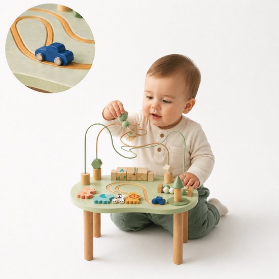 Laavir Houten Activiteitentafel Baby - Educatieve Montessori Speeltafel met Kralenspiraal, Autobaantje en Blokken - Interactief Speelgoed vanaf 1 Jaar - Lichtgroen
