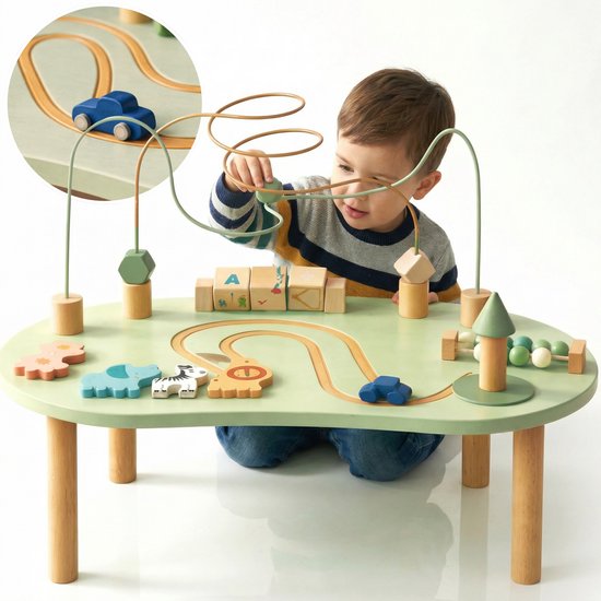 Laavir Houten Activiteitentafel Baby - Educatieve Speeltafel met Kralenspiraal, Autobaantje en Blokken - Interactief Speelgoed vanaf 1 Jaar - Lichtgroen van Merkloos