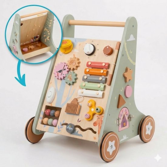 Laavir Houten Loopwagen met Activiteitenpaneel - Baby Walker met Xylofoon, Spiegeltje, Klok en Vormen - Montessori Speelgoed vanaf 1 Jaar - Lichtgroen