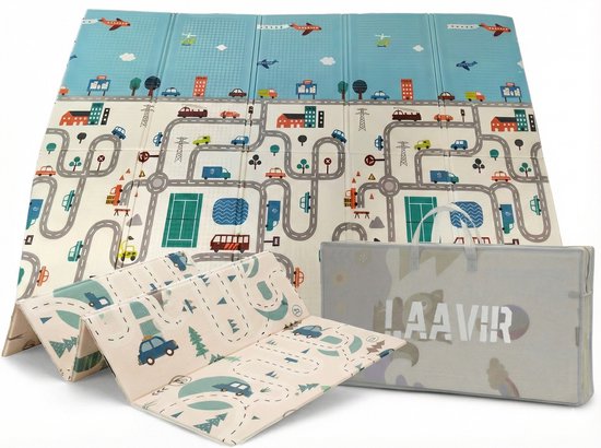 Laavir® Opvouwbare Baby Speelmat – 200x150 cm – Dubbelzijdig Auto- en Stadsontwerp – Foam Speelkleed met Opbergtas – Waterafstotend & Antislip – Blauw van Laavir®