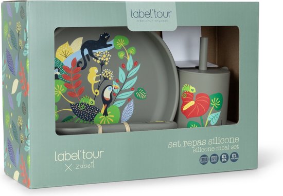 Label’tour - Siliconen - kinderservies 3 delig - dieren - vrolijk - onbreekbaar - cadeau voor baby's - groen - grijs van Label’tour