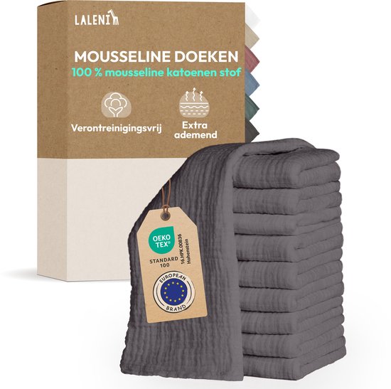 Laleni Hydrofiele Doeken - 100% Katoen - Mousseline - 70x70cm - Antraciet - Set van 10 van Merkloos