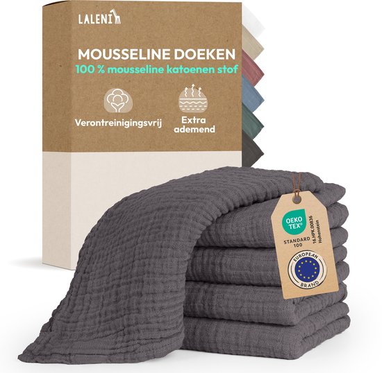 Laleni Hydrofiele Doeken - 100% Katoen - Mousseline - 70x70cm - Antraciet - Set van 5 van Merkloos