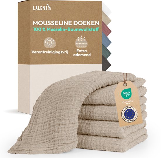Laleni Hydrofiele Doeken - 100% Katoen - Mousseline - 70x70cm - Beige - Set van 5 van Laleni