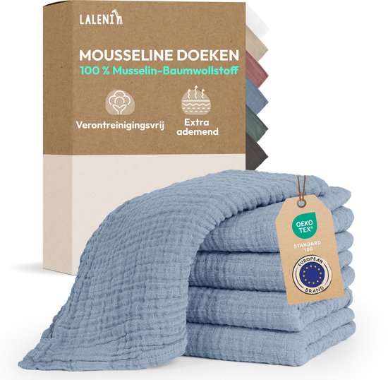 Laleni Hydrofiele Doeken - 100% Katoen - Mousseline - 70x70cm - Lichtblauw - Set van 5 van Laleni
