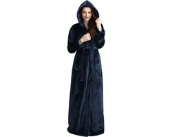 Lange ochtendjas met capuchon voor dames, winter, warme badjas fleece, flanel, pluizig nachthemd, pluche kraag, nachtkleding, paars, grijs, blauw, rood, nachthemd, lichte huismantel, blauw, L