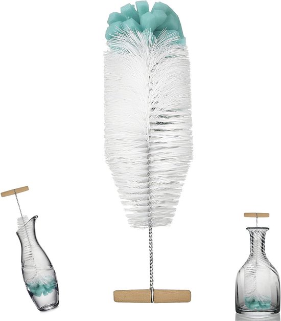 Langwerpige flessenborstel 32 cm met ergonomische handgreep en witte haren + groene spons, perfect voor het reinigen van glazen en plastic flessen, krachtig en effectief voor SodaStream en andere flessen.