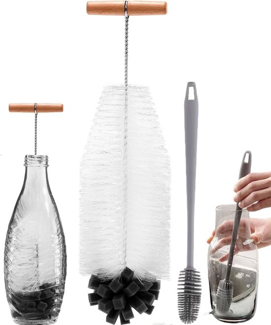 Langwerpige Flessenborstel Set - 35cm Harde Borstels & Zachte Spons + 28cm Siliconen Scrubber voor Diepe Reiniging van Flessen, Hoge Containers en Stubborn Vlekken