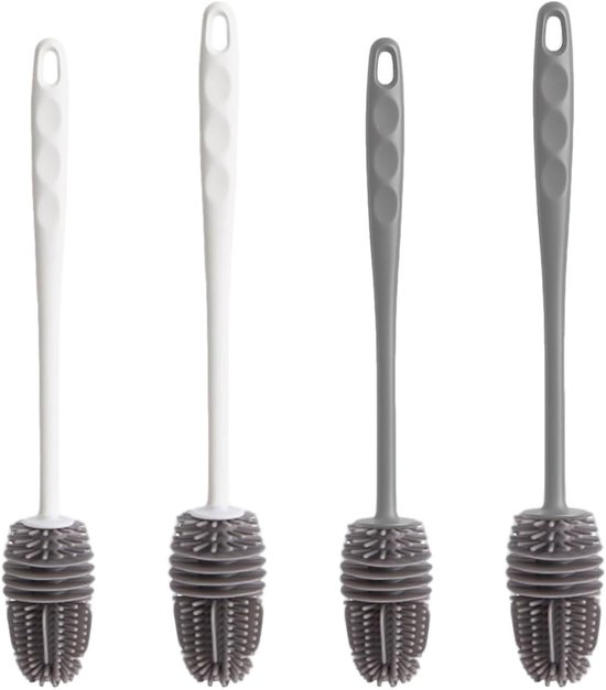 Langwerpige Siliconen Flesborstel Set van 4 voor Smalle Flessen en Glaswerk - Ideaal voor Waterflessen en Sportflessen, 28cm en 32cm Lengte (Grijs, Wit)