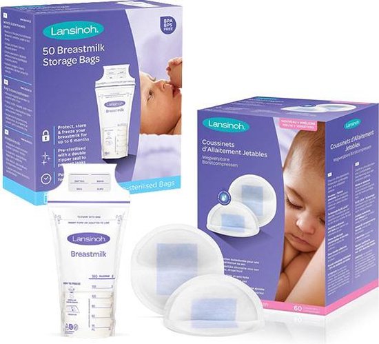 Lansinoh 120 zoogcompressen + 25 moedermelk bewaarzakjes van Lansinoh