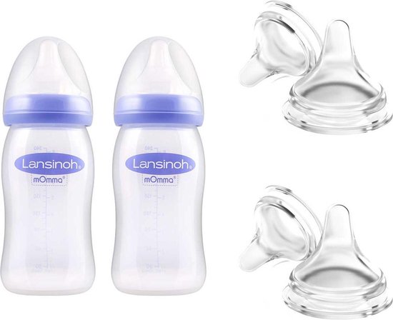 Lansinoh babyflessen 240 ml 2 stuks + Spenen 6 stuks - 2 x slow flow - 2 x medium flow - 2 x fast flow - speen van Lansinoh
