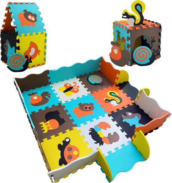 Lardic Speelmat - Babygym – Puzzelmat - Speelmat Baby en Peuters - Foam Speelkleed met Opstaande Rand – Tegels - Vloerpuzzel - 90 x 90 cm - Inclusief Opbergtas van Lardic