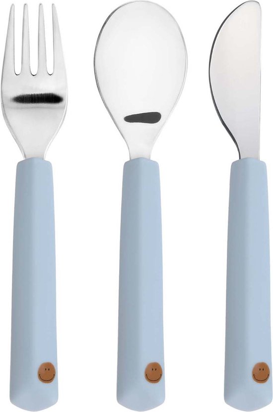 Lassig Bestek With Silicone Handle Happy Rascals Smile Sky Blue 3pcs van LÄSSIG