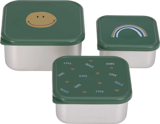 Lässig Opvang en bewaarbakjes van RVS Snackbox 3-delige set - Happy Rascals, Smile green