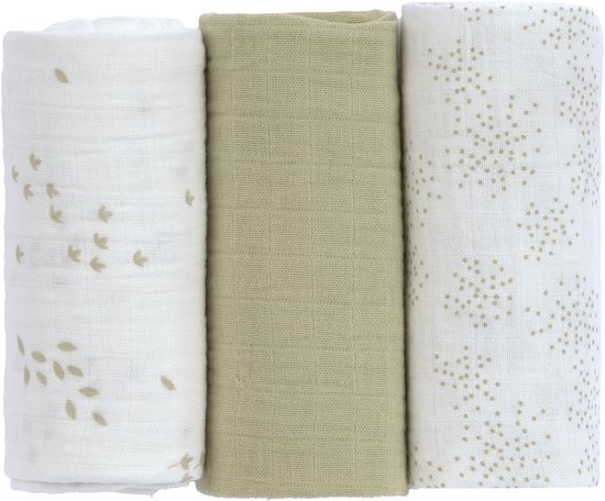 Lässig Swaddle & Burp M Multidoek - GOTS - 3pcs - 60 x 60 cm - Leave Olive / Milky van Lässig